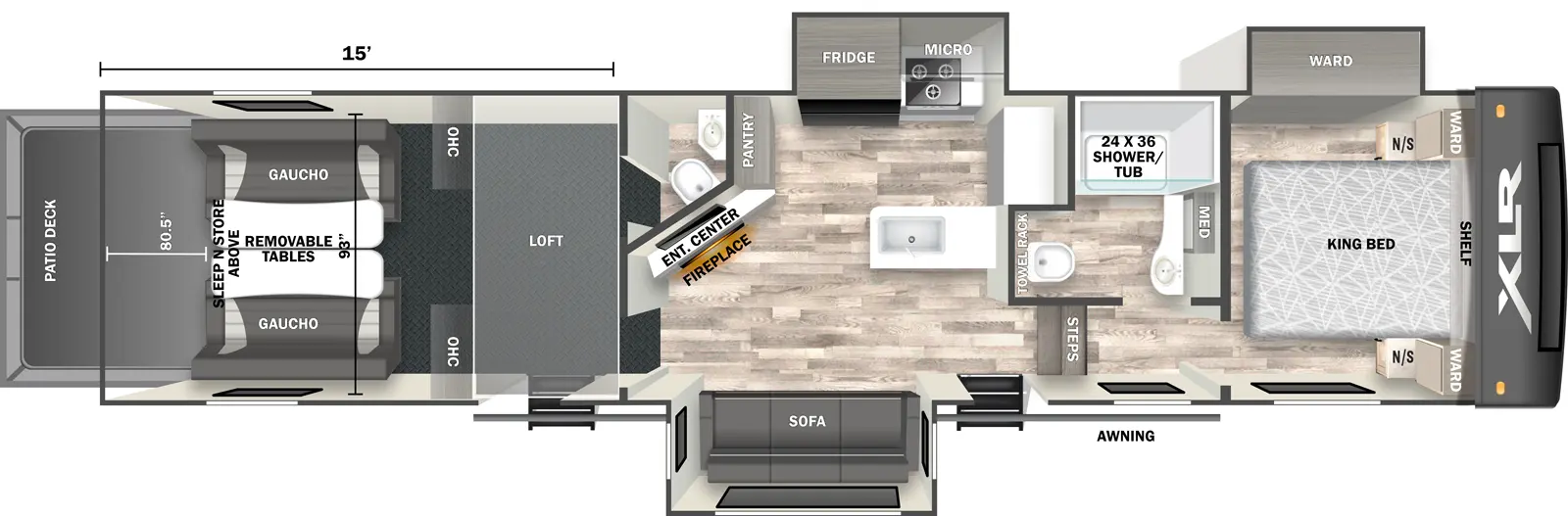 The 36G15 has three slideouts, two entries, and a rear ramp door. Exterior features an awning and patio deck. Interior layout front to back: foot-facing king bed with shelf above, and wardrobes with nightstands on each side, and off-door side wardrobe slideout; off-door side full bathroom with medicine cabinet; door-side steps down to main living area and entry; peninsula kitchen counter along inner wall with sink; off-door side slideout with cooktop, microwave, and refrigerator; door side sofa slideout; pantry and angled entertainment center along the wall of garage half-bathroom; rear garage with second entry, loft area with overhead cabinets, half bathroom, and rear opposing gauchos with removable tables and sleep n store above. Garage dimensions: 15 foot from rear to half bathroom wall; 93 inches from door side to off-door side; 80.5 inch rear ramp door opening height.